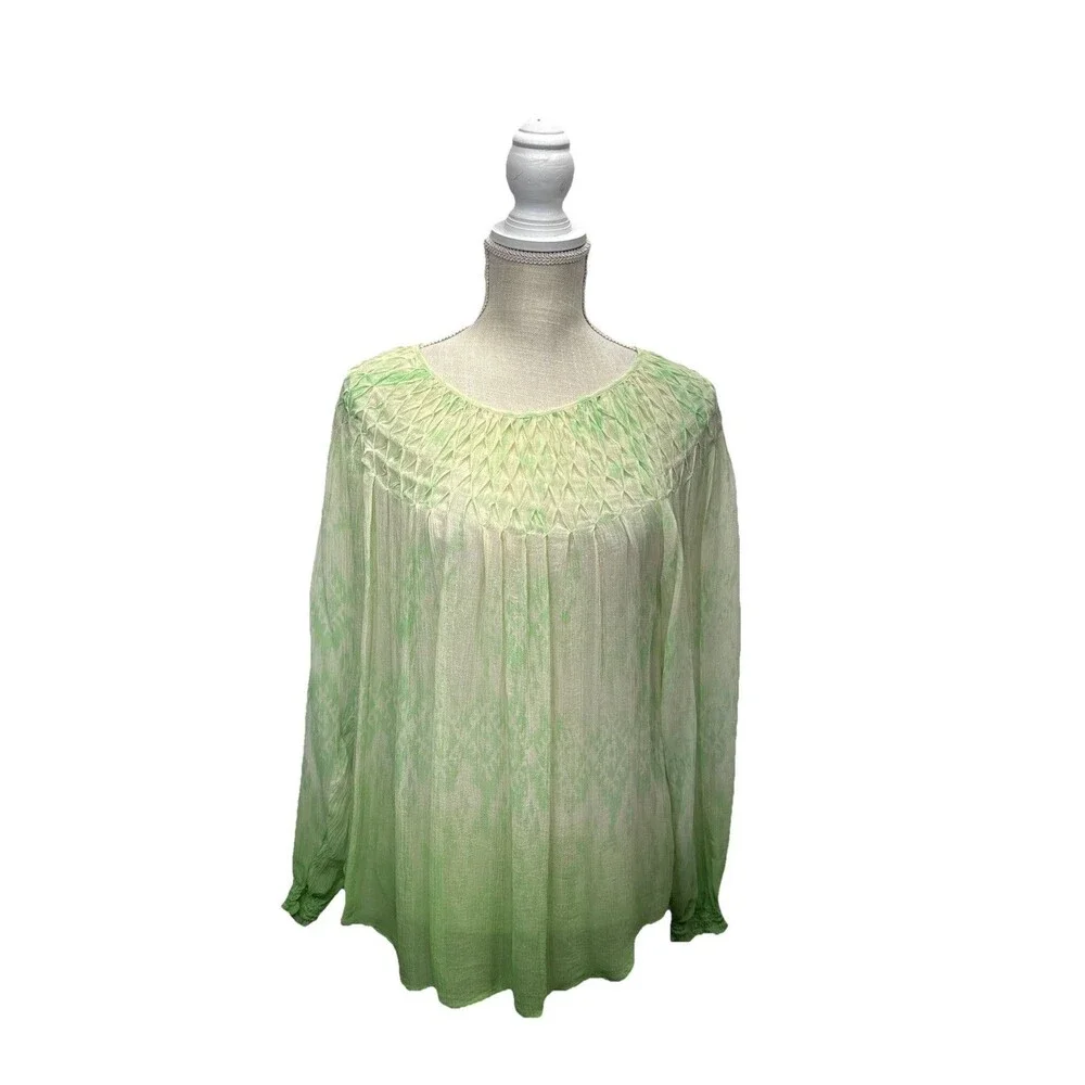 Sundance Green Silk Chiffon Smocked Ombre Sheer Boho Blouse Top Large Flowy - Picture 12 of 12